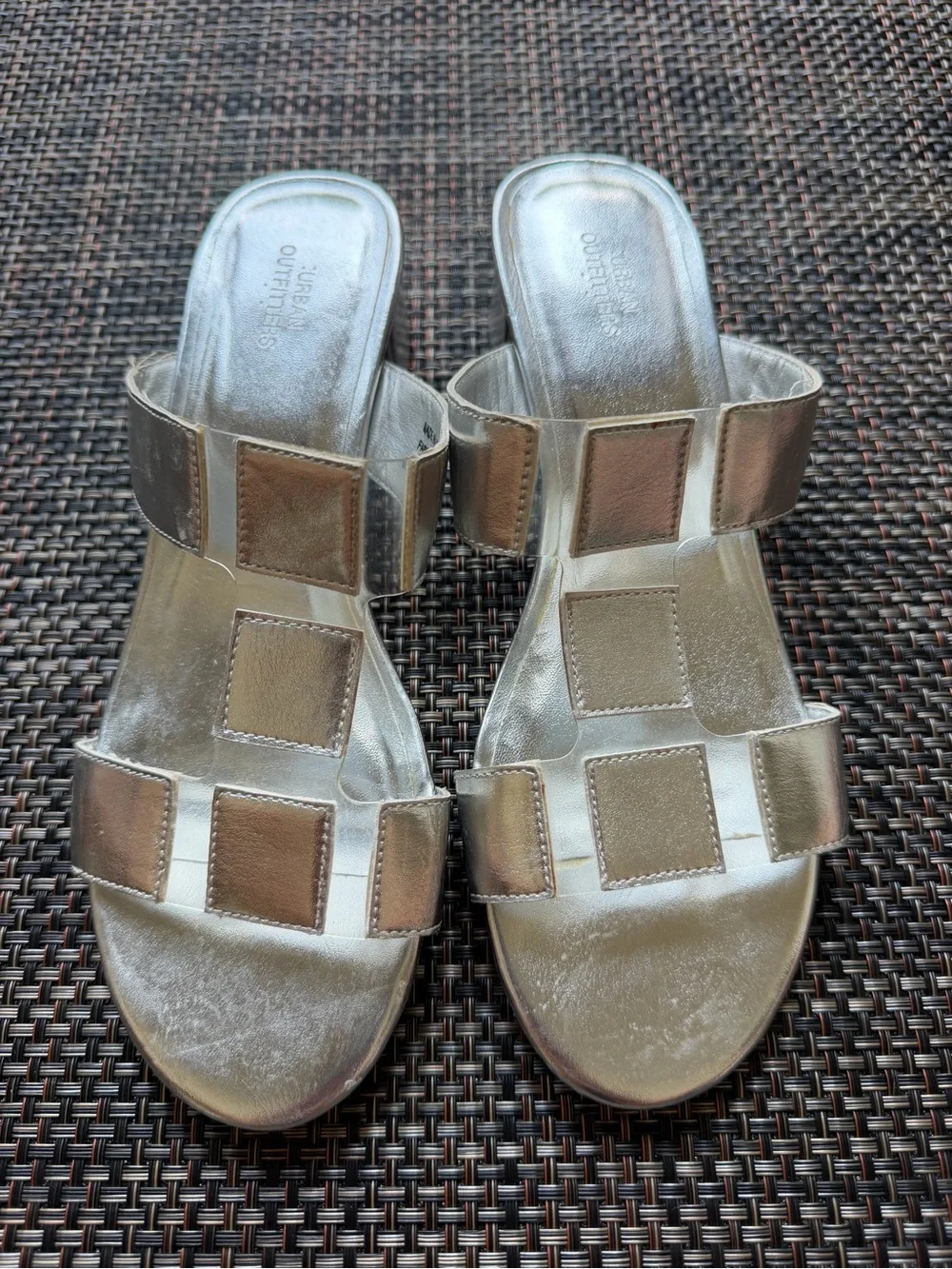 Urban Outfitters Silver Low Block Heel Slide Sandals